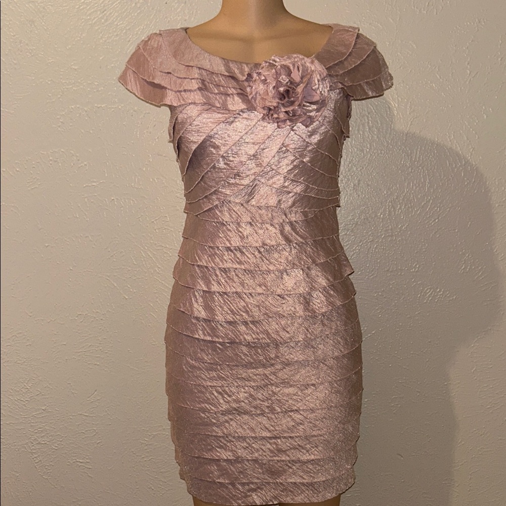 Elegant Pink Layered Dress with Floral Accent